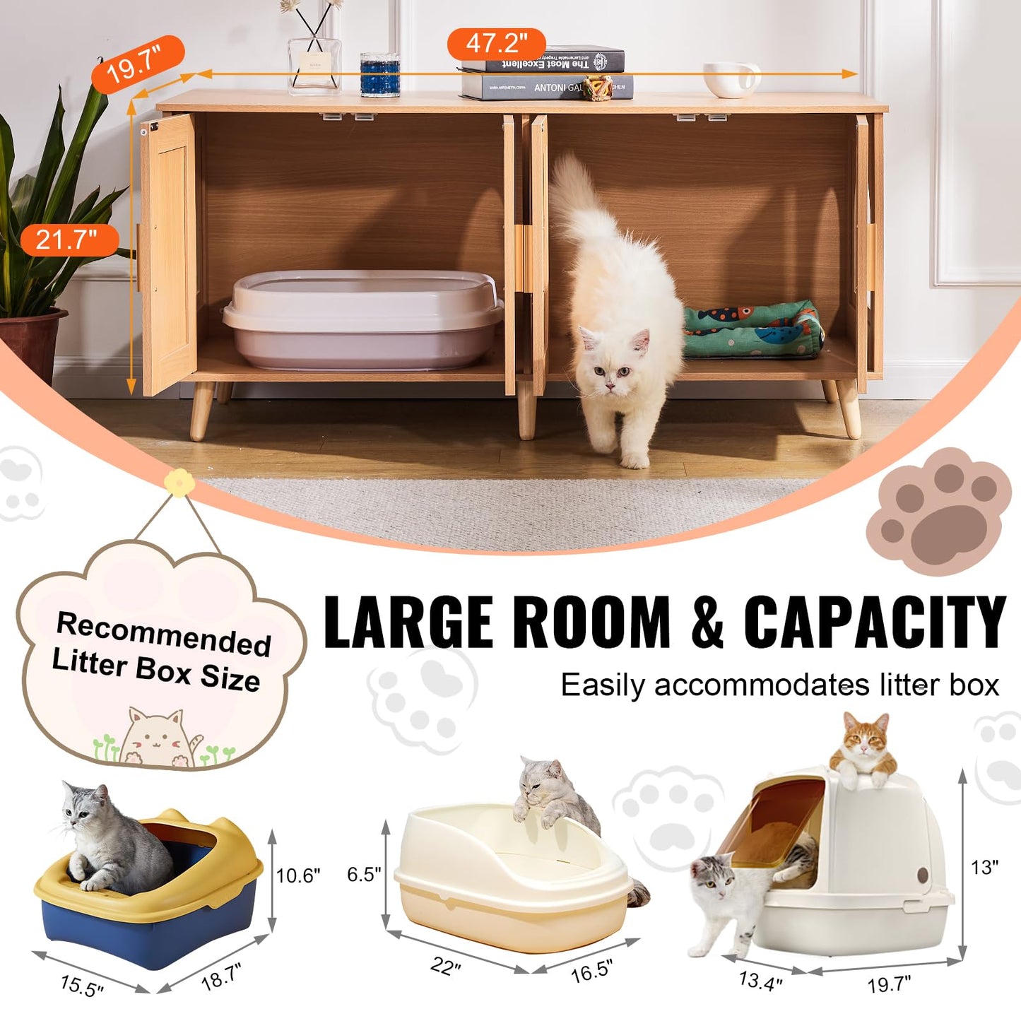 VEVOR Cat Litter Box Enclosure for 2 Cats, Litter Box Furniture Hidden with Rattan Decorated Doors, Wooden Cat Box Cabinet Fit Most of Litter Box, 47.2" L x 19.7" W x 21.7" H, Natural