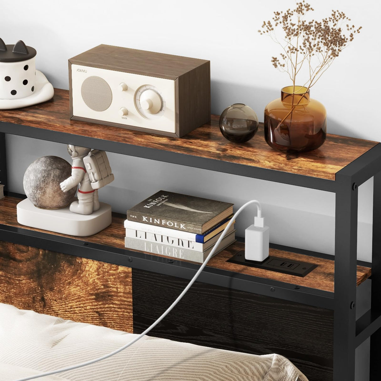 Livofloral Rustic Brown Queen Size Headboard with USB Charging Station, LED Light, and Adjustable Height Livofloral