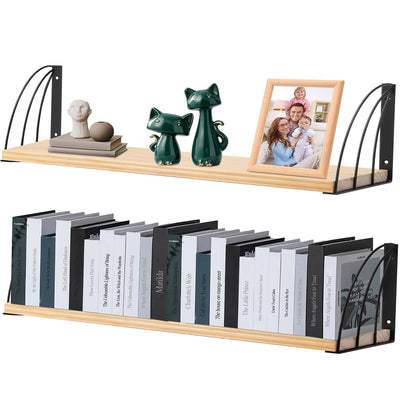 Long 36 inch Wall Bookshelf-Curved Fan-Shaped Design with Built-in Anti-Slip Book Stops|0.71" Thicker Heavy Duty Natural Wood Floating Shelves|Floating Book Shelves for Wall,Home Office Décor Set of 2