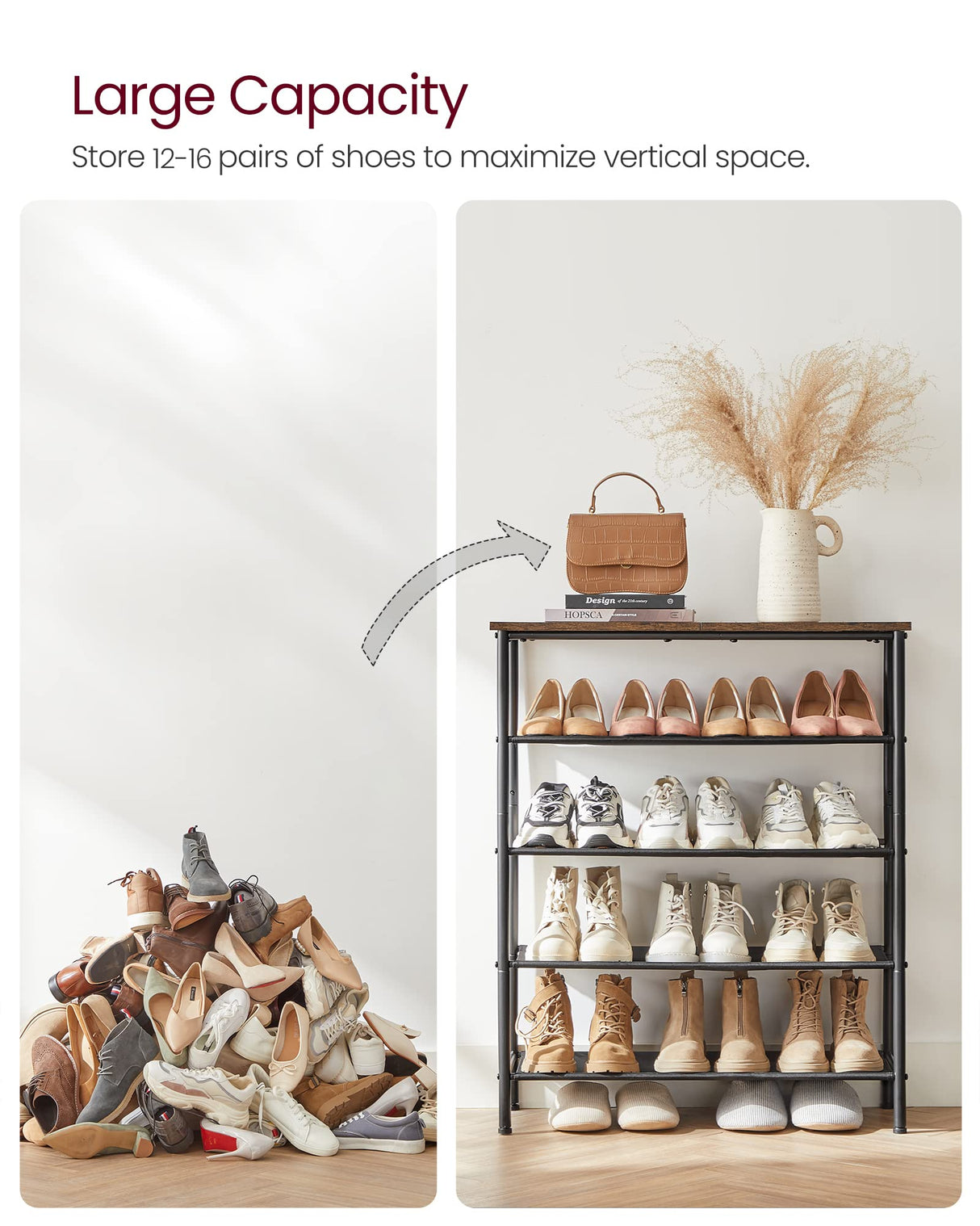 VASAGLE Shoe Rack, 5-Tier Shoe Storage Organizer for Entryway and Closet, Holds 12-16 Pairs of Shoes, 4 Fabric Shelves, Steel Frame, Industrial, Rustic Brown and Black ULBS036B01 VASAGLE