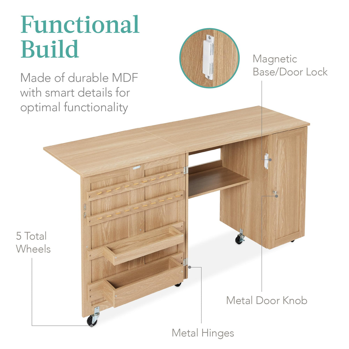Best Choice Products Large Folding Sewing Table, Multipurpose Portable Craft Station & Side Desk w/Compact Design, Caster Wheels, Storage Shelves, 2 Storage Trays, Magnetic Doors - Light Brown Best Choice Products
