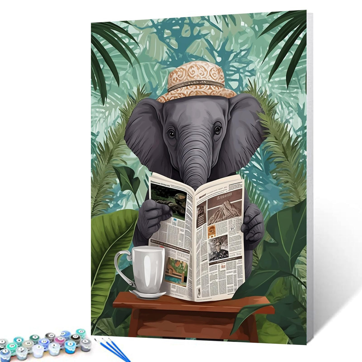 Funny Bathroom Paint By Bumbers for Adults Elephant Read Newspaper DIY Paint by Numbers Acrylic Paint Canvas Kitchen Decor Green Leaves Painting Kits Elephant on Toilet Art 20x16 Inch （Without Frame ） Tucocoo