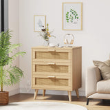 Rovaurx Rattan Nightstand with Charging Station, Night Stand with 3 Drawers, 28.5 Inch Bedside End Table for Bedroom, Side Table with USB Ports and Outlets, Boho Style, Natural RCTG110ME Rovaurx