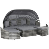 Outsunny 4-Piece Outdoor Rattan Furniture Set, Round Convertible Patio Daybed or Sunbed, Sectional Sofa with Canopy, Pillows, Cushions, Footrest, Table, PE Plastic Wicker, Gray Outsunny