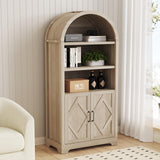 71" Tall Arched Bookcase with Storage, 5 Tier Mid-Century Modern Arched Cabinet with Doors, Farmhouse Wood Kitchen Pantry Cabinet with Open Adjustable Shelves, Bookshelf for Living Dining Room Sunny Heart