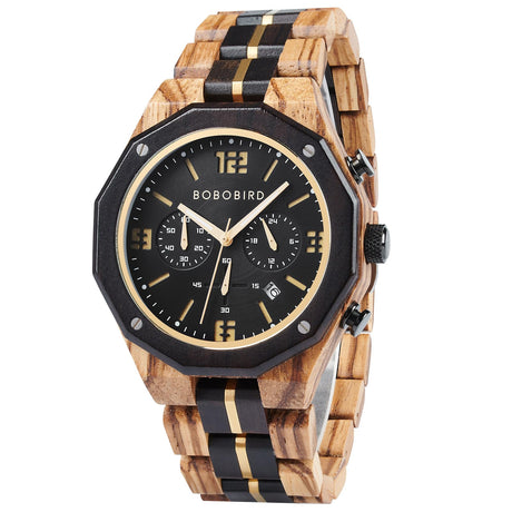 BOBO BIRD Men's Wooden Watch Sport Fashion Wristwatch Casual Chronograph Quartz Watches Men's Wood Stainless Steel Strap Watch with Date Display (Black) BOBO BIRD