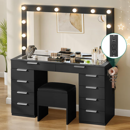 YITAHOME Vanity Desk with Mirror and Lights, Makeup Vanity Set with Glass Top & 10-Drawer, Charging Station, Dressing Table with Storage Chair & 3-Color Brightness Adjustable Lighting, Ink Black