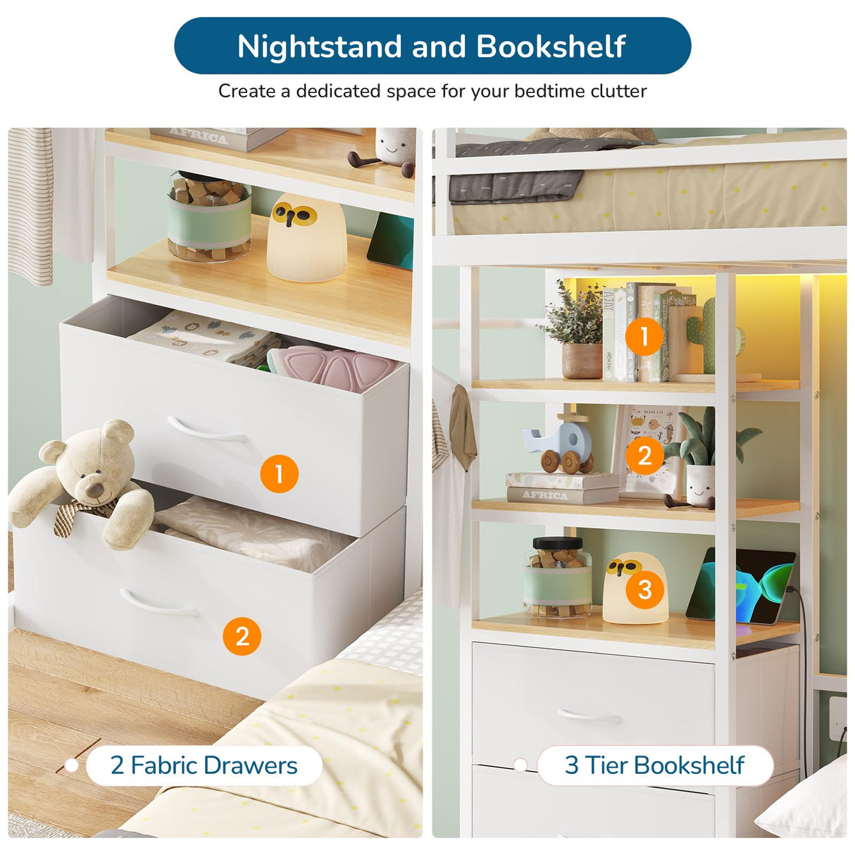 Twin Over Full Size Bunk Bed with 4 Storage Drawers and Bookshelf, Metal Bunk Beds with LED Lights, Charging Station, Loft Bunk Bed with Pegboard, Safety Guardrail and Ladders, for Kids, Teens, Adults mojiasion