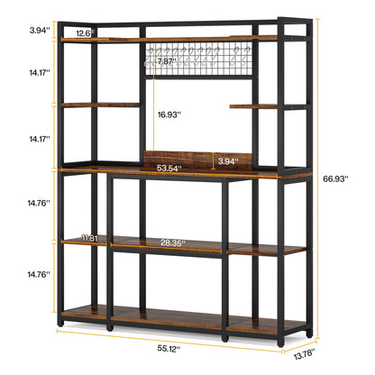 LITTLE TREE 5 Tiers Bakers Rack, 70" Kitchen Hutch Microwave Stand with 11 Hooks, 55" Extra Wide Kitchen Storage Shelf Rack, Wood Baker’s Rack with Hutch for Kitchen, Brown