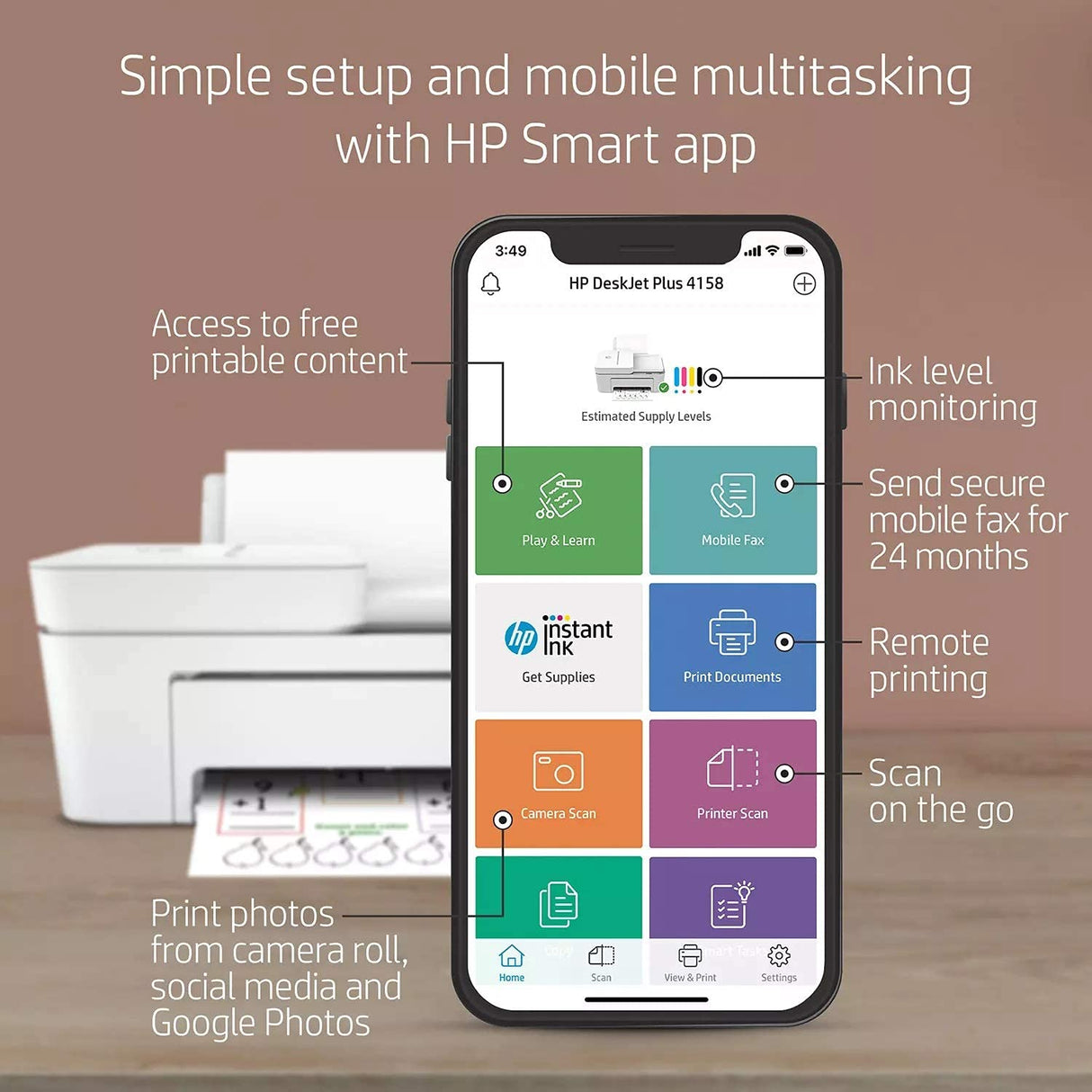 HP DeskJet Plus 4158 All-in-One Inkjet Printer, Scanner, Copy, Mobile Print, Instant Ink Ready, Wireless Printers for Home and Office, Dual-band Wi-Fi, 7FS76A (Renewed) HP