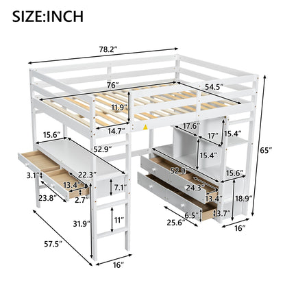 Harper & Bright Designs White Full Loft Bed with Desk and Storage Cabinet, Wood Full Size Loft Beds Frame with Bookcase and Shelves, Modern Full Loft Bed for Kids Teens Adults Boys Girls