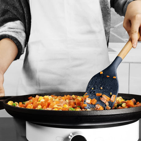 Silicone Cooking Utensils Set - 446°F Heat Resistant Silicone Kitchen Utensils for Cooking,Kitchen Utensil Spatula Set w Wooden Handles and Holder, BPA FREE Gadgets for Non-Stick Cookware (Navy Blue) oannao
