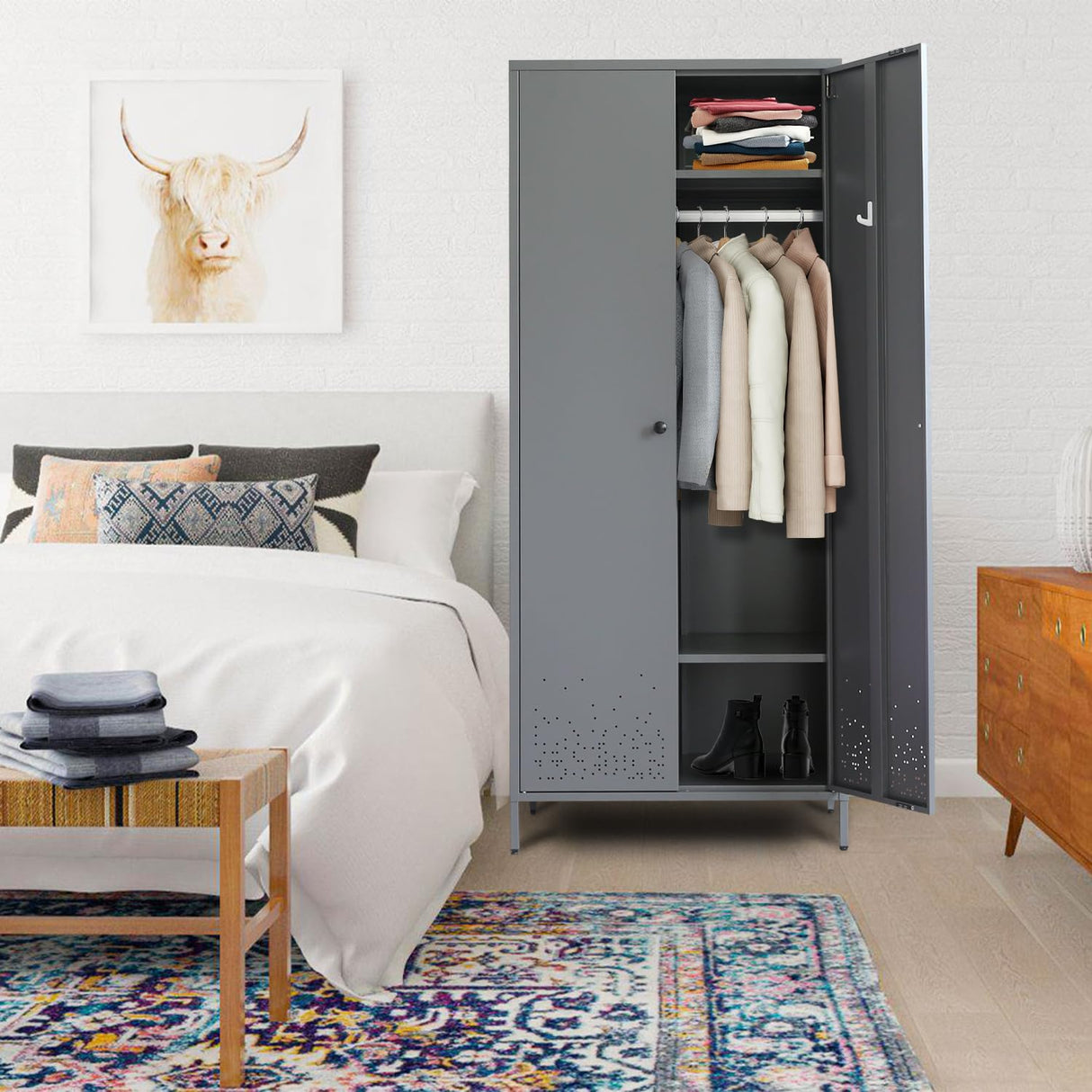 YEEZER Metal Armoire Wardrobe Closet Cabinet for Hanging Clothes with Lock Doors, -74" Steel Lockable Wardrobe Storage Locker Clothes Organizer for Bedroom, Laundry Room (Dark Gray) YEEZER