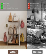 Tuohours 3-Tier Purse Organizer Rack, Iron & Wood Floor-Standing Bag Storage Holder with Adjustable Side Basket and Hook Handbag Organizers Display Stand Shelf for Closet, Bedroom, Entryway, White Tuohours