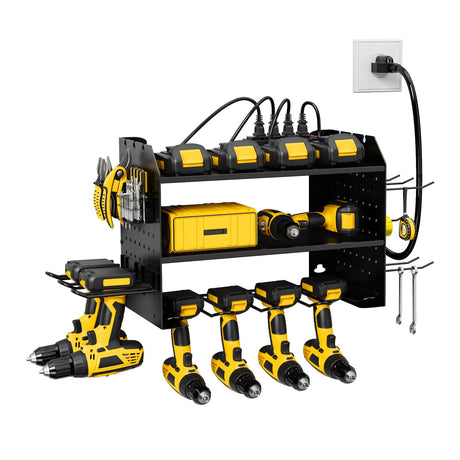 HOEMASY Power Tool Organizer Wall Mount, 3-Tier with 4 Outlet Charging Station | 100lbs Load Heavy Duty Garage Storage Rack for Drills, Batteries, Tools | Gift for Men, Dad, Workshop & Pegboard Black homeasy