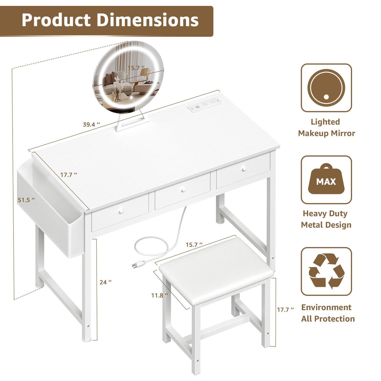 KAI-ROAD White Vanity Table with Lighted Mirror - 40“ Makeup Vanitys with Lights, Fabric Drawers & Power Outlet, Dressing Table Vanities Chair Set for Girls Bedroom KAI-ROAD