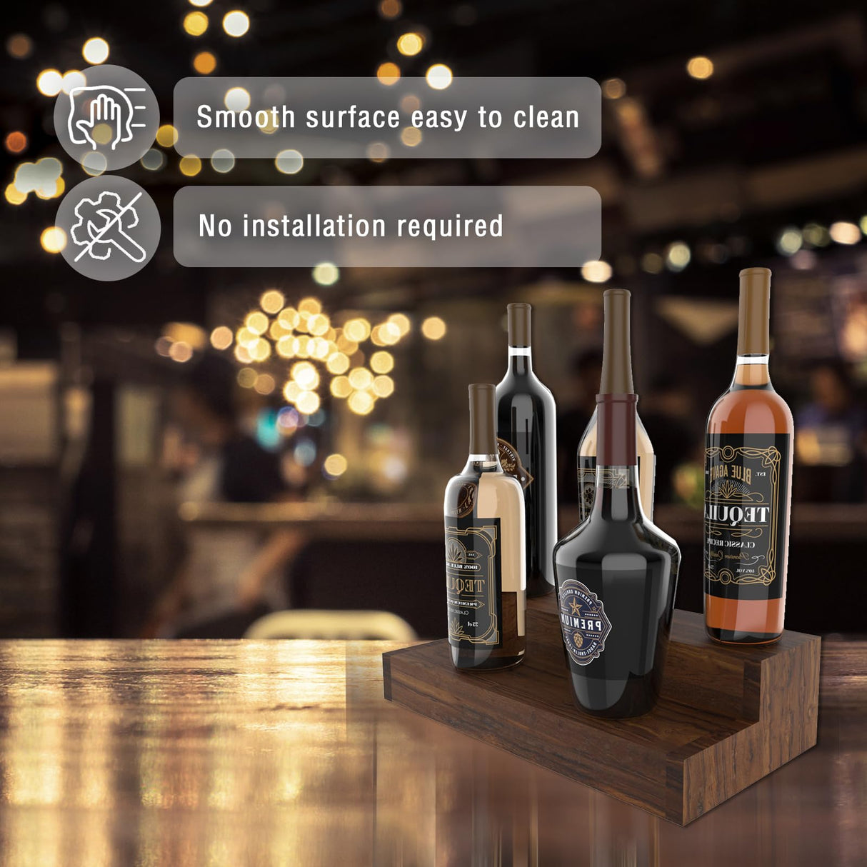 Liquor Bottle Stand - 2 Tier Liquor Bar Bottle Display Shelf, Holds 8 Bottles, Real Wood, Easy to Clean, No Installation Required - 15.8 Inch (Dark Walnut, 2 Tier) Tongmo