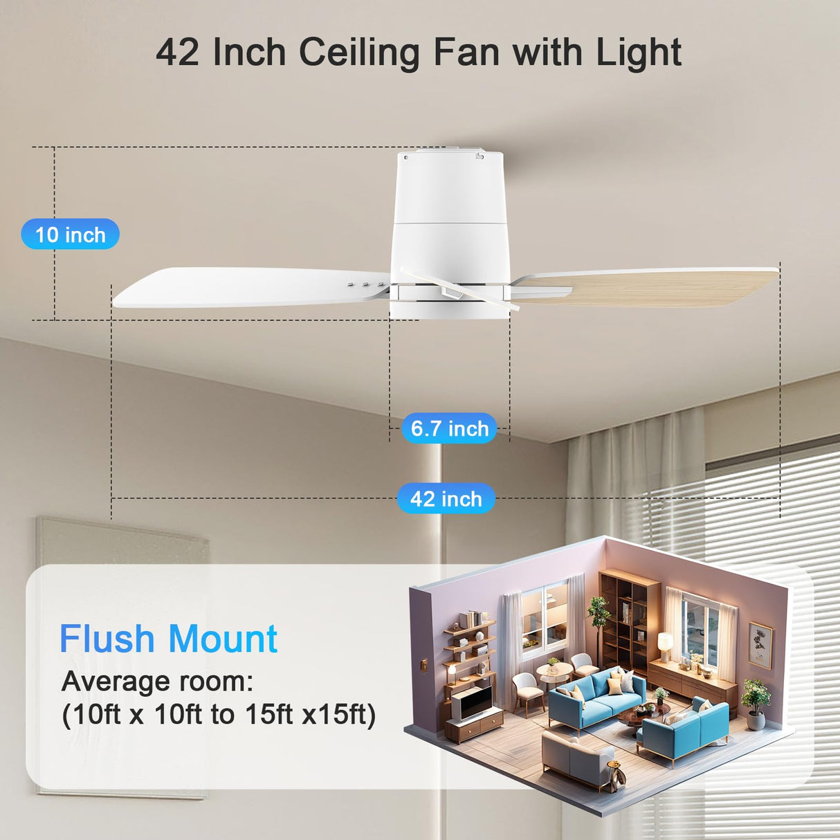 Atolit Ceiling Fans with Lights,42 inch,Quiet Reversible Motor,Easy to Install,6 Speeds,3CCT,Timer, White Modern Ceiling Fan for Living Room, Bedroom, Kitchen, Dining room, Office Atolit