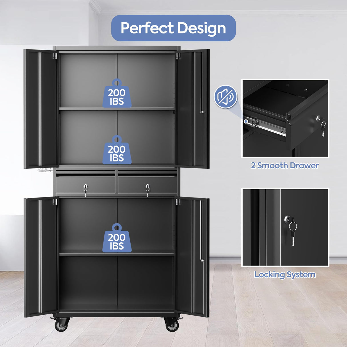 GLADIW Metal Storage Cabinet with Wheels, Steel Storage Cabinet with 2 Drawers and 2 Adjustable Shelves for Homes, Offices, Kitchens, Schools and Pantries GLADIW