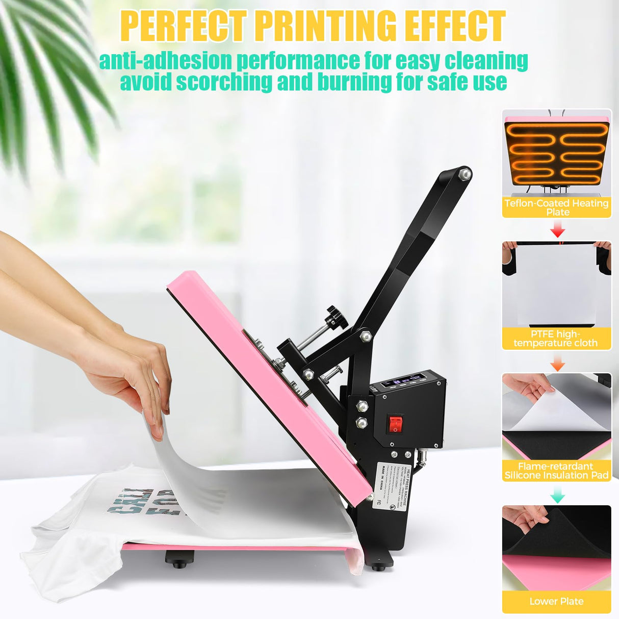 Whubefy Heat Press Machine for T-Shirts 15x15 Slide Out Drawer with Counting Function & 3 Pre-Set Modes, Pressure Knob, Digital Industrial Clamshell Sublimation Printer Heat Transfer Vinyl DIY Pink Whubefy