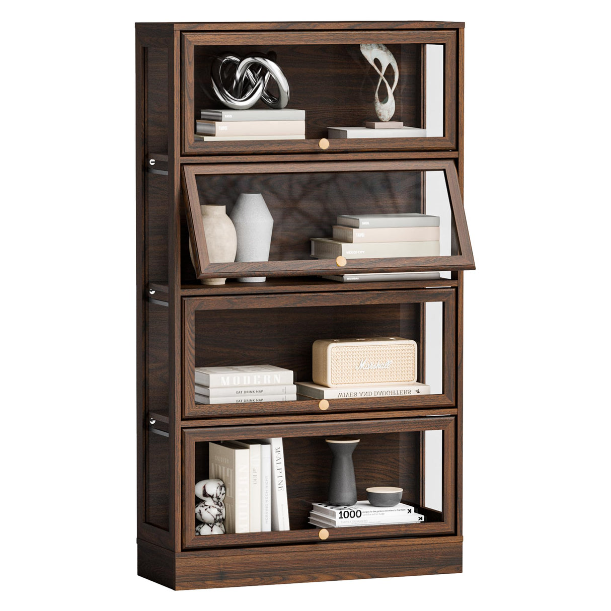 BONITURE Display Cabinet with Acrylic Glass Doors,4-Tiers Curio Cabinet with LED Lighting for Collectibles, Collectibles Toy Organizers Rack & Display Shelf Display Case Storage Cabinet, Walnut BONITURE