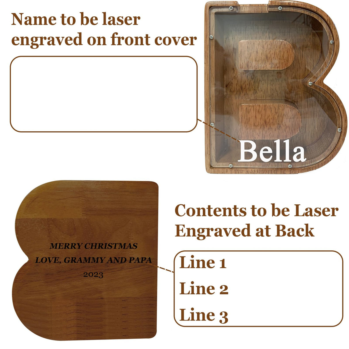 Personalized Large Wooden Kids Letter Piggy Bank Custom Name Coin Bank, (Laser Engraved Name) Wood Alphabet Letter Bank Money Box Birthday (B) ladenk