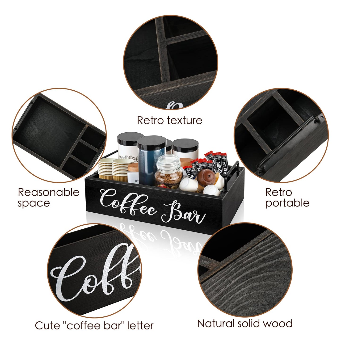 Coffee Station Organizer Wooden Coffee Bar Organizer for Countertop, Coffee Bar Accessories Organizer Farmhouse Kcup Coffee Pod Holder Storage Basket with Handle - Black - WoodArtSupply