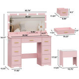 Makeup Vanity Desk with RGB LED Lights,Glass Top Vanity Desk with Mirror and Lights & Charging Station, 5 Drawers Vanity Mirror with Lights Desk and Chair for Women 3 Lightings Mode Adjusted, Pink HUANLEGO