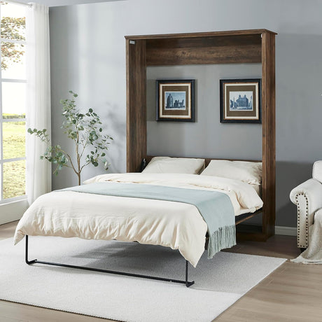 MERITLINE Queen Size Murphy Bed with USB Port,Wood Folding Brown Murphy Wall Bed Cabinet MERITLINE