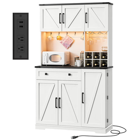 Dripex 71" Pantry Cabinet with Charging Station, Farmhouse Kitchen Pantry Storage Cabinet with Outlet & LED Light, Microwave Stand, Tall Kitchen Hutch with Storage for Dining Room, Living Room, White Dripex