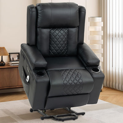 ACFOUL Power Lift Recliner Chair for Elderly with Vibration Massage and Lumbar Heating, Electric Oversized Leather Single Sofa with Cup Holders and USB & Type C Ports for Living Room, Black