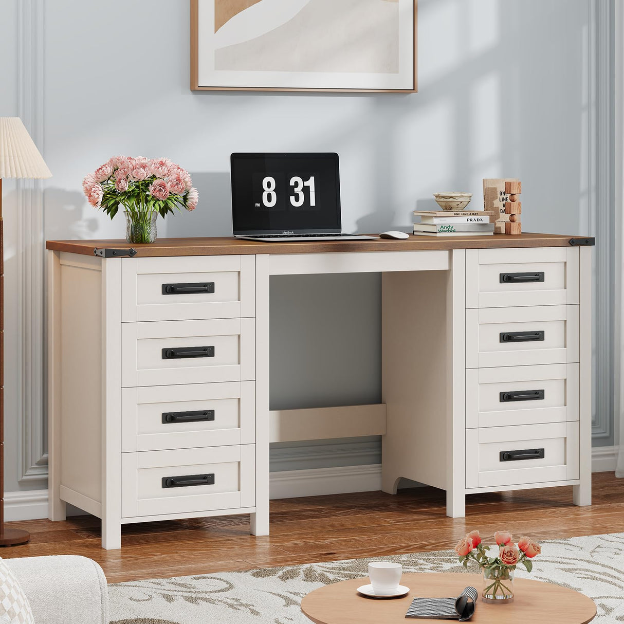 Vabches Farmhouse 60.6” Executive Desk with 7 Drawers, Computer Desk with File Drawer for Hanging Files A4, Workstation for Home Office, Study. Vabches