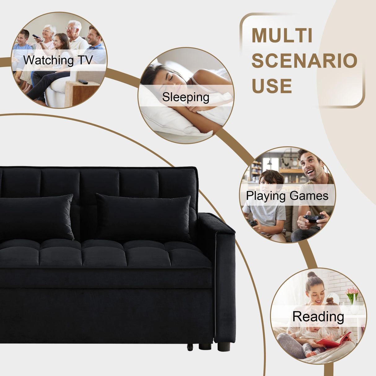 SumKea Pull Out Couch Bed Sleeper Sofa, Velvet 3-in-1 loveseat Sofa Bed with Pull-Out Bed, Two Throw Pillows, Balck SumKea