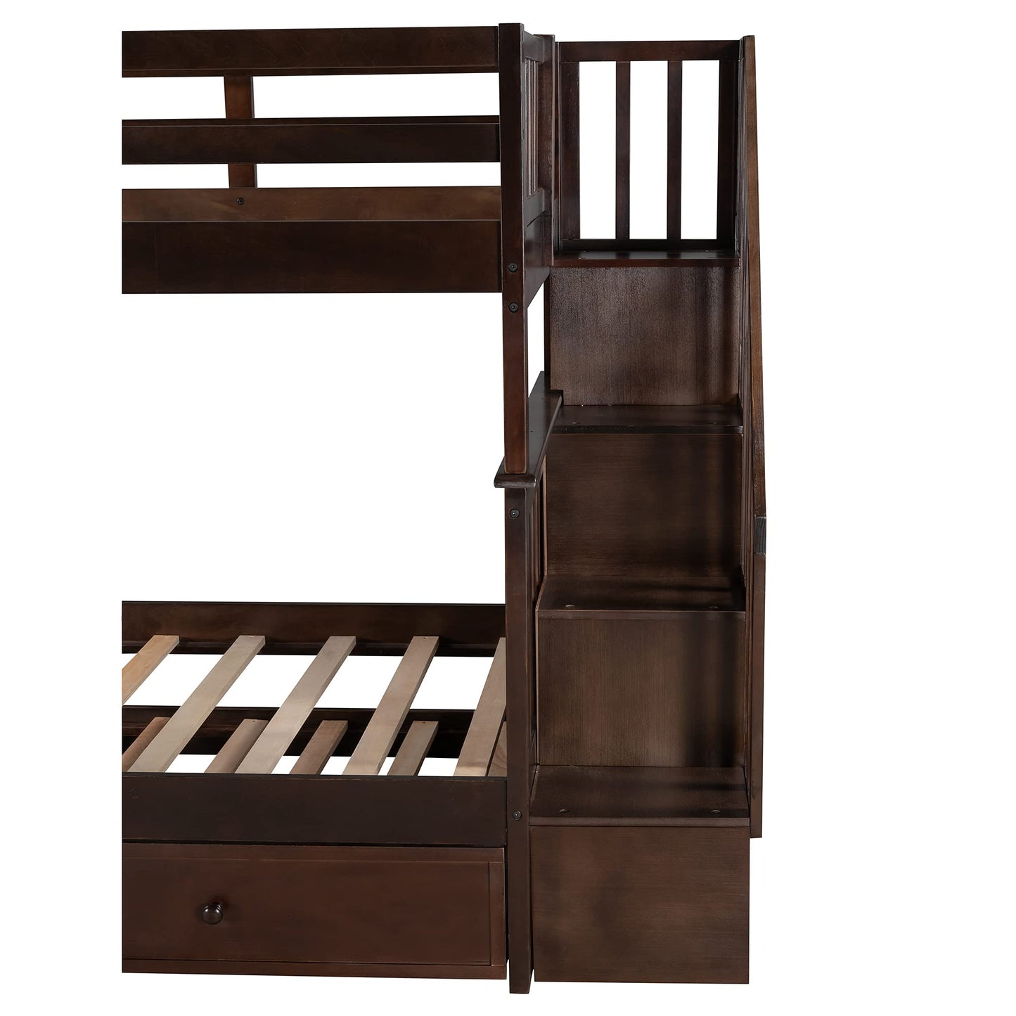 Twin Over Twin Bunk Bed with Trundle and Stairs, Solid Wood Bunk Beds Frame with Storage for Kids, Teens, Adults, Bedroom, Dorm. No Box Spring Needed (Espresso)