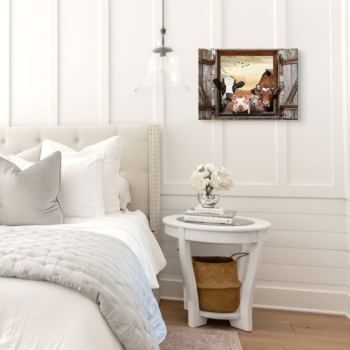 Kasluolo Farmhouse Animals Cow in Fake Window Wall Art Farmhouse Animals Landscape Picture Country Painting Wall Décor for Bathroom Bedroom Office Framed Artwork 12x16 inch Kasluolo