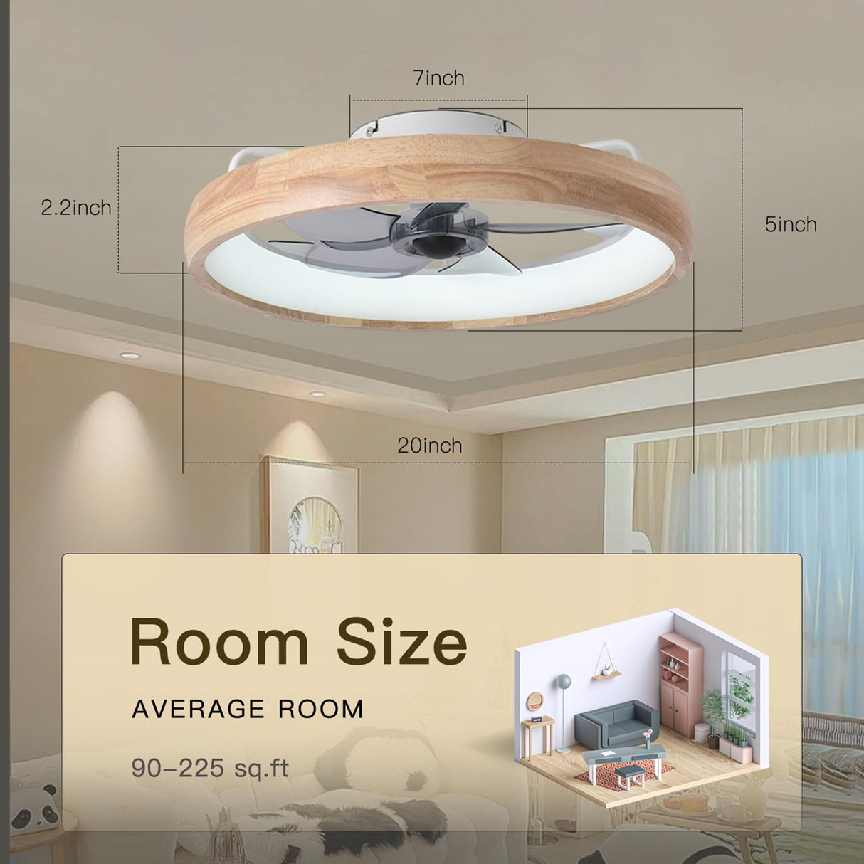 WenineStar 20” Ceiling Fan with Light, Dimmable LED Timing with Remote Control, 5 Invisible Reversible Blades Semi Flush Mount Low Profile Fan, Arc Wooden Frame WenineStar