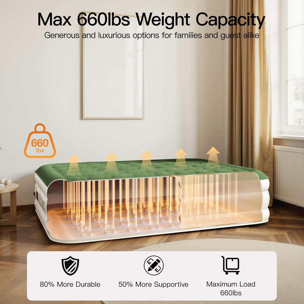 Zearna 2025 Upgraded Queen Air Mattress with Built in Pump，16'' Comfort Blow up Mattress, Quiet Surface Portable Inflatable Mattress, Air Bed with Storage Bag for Guests, Home, Camping, 660 lbs Max Zearna