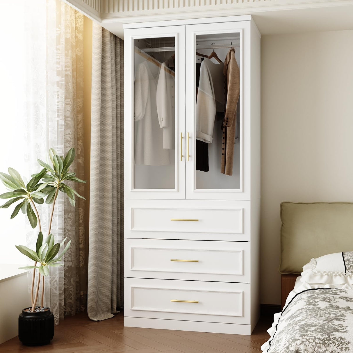 FUFU&GAGA Wardrobe Closet with Glass Doors, Modern White Bedroom Armoire with Gold Handles, Modern Clothes Storage Cabinet with 3 Drawers, Hanging Rod, 31.7”W x 19.3”D x 74.8”H FUFU&GAGA