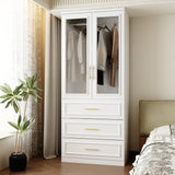 FUFU&GAGA Wardrobe Closet with Glass Doors, Modern White Bedroom Armoire with Gold Handles, Modern Clothes Storage Cabinet with 3 Drawers, Hanging Rod, 31.7”W x 19.3”D x 74.8”H FUFU&GAGA