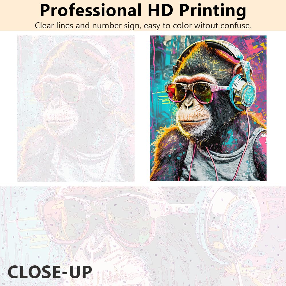 TUMOVO Monkey Adults' Paint-by-Number Kits DJ Monkey DIY Paint by Numbers Kit Animal Oil Painting for Adults Animal Monkey Paint by Number Arts Craft, 3 Brushes Without Frame, 16 x20 Inch TUMOVO