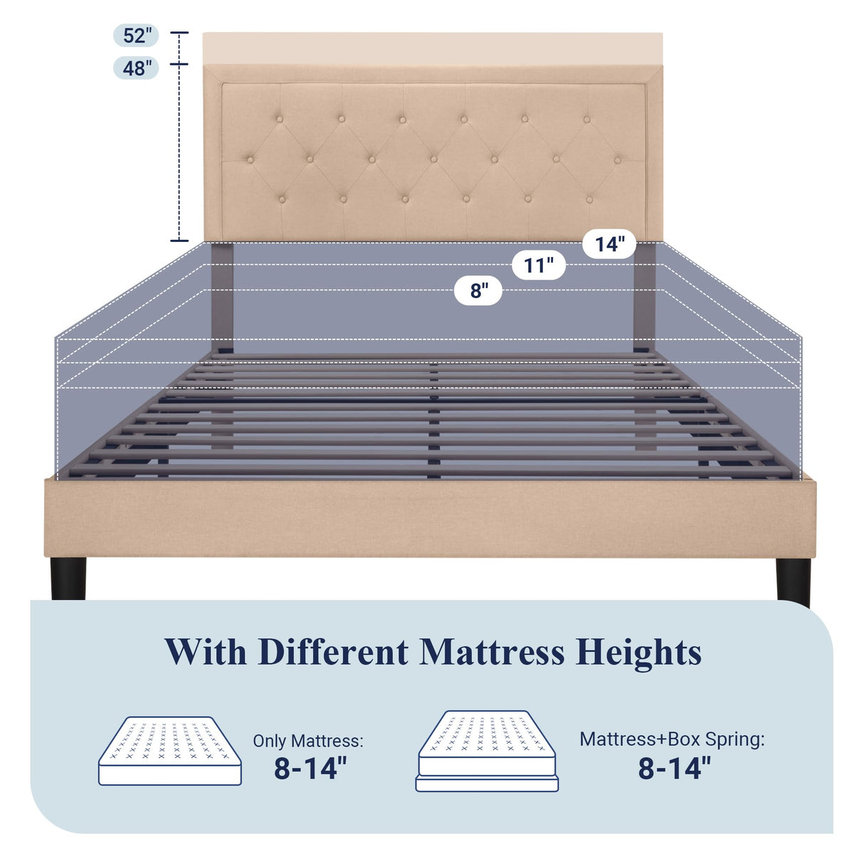 Allewie Queen Size Button Tufted/Fabric Upholstered Bed Frame with Adjustable Headboard/Wood Slat Support/Mattress Foundation/Beige Allewie