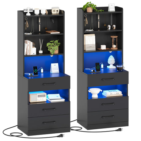 AOGLLATI Tall Night Stand Set of 2 with Charging Station and LED Lights, Black Nightstand with 3 Drawers and Adjustable Shelves, Modern Bedside Table with Bookshelf for Bedroom AOGLLATI