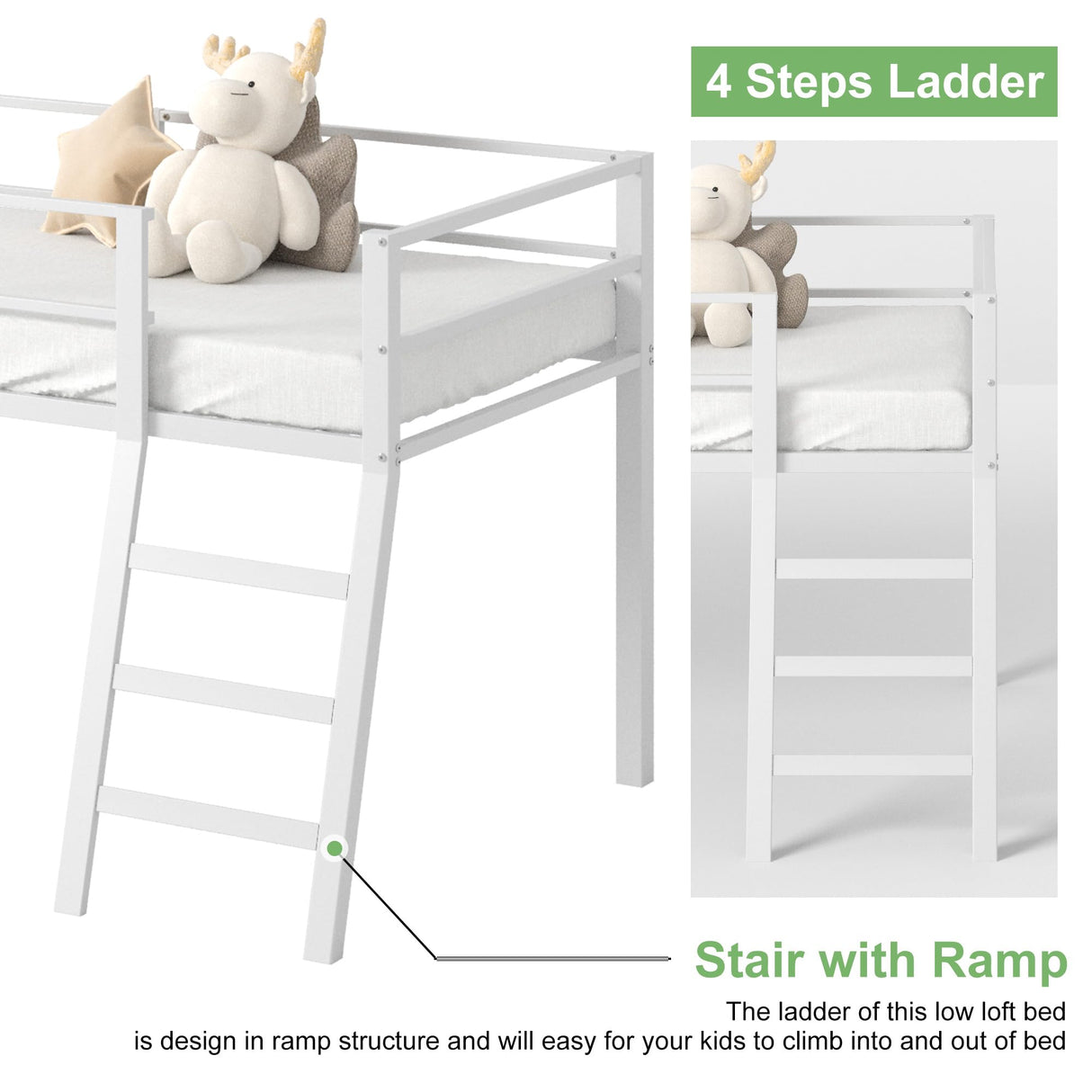 Lutown-Teen Loft Bed Twin Size, Low Junior Metal Twin Loft Bed with Stairs and Safety Guard, Noise Free and Space Saving, White Lutown-Teen