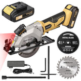 Inequalit 4-1/2 Inch Mini Circular Saw, 3400 RPM Cordless Circular Saw with Laser Guide, Rip Guides, 2 Blades (24T Wood + 60T Metal), Max Cutting Depth 1-11/16" (90°), 1-1/8" (45°)" Inequalit