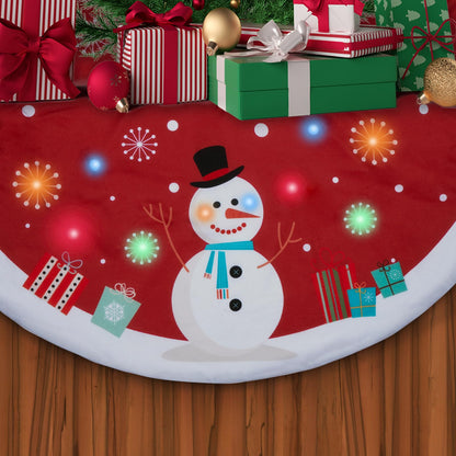 Christmas Tree Skirt with Lights, 48 Inch Snowman Gift Box Christmas Tree Skirt with LED Light, Christmas Joy Party Decoration Ornament, Indoor Outdoor Christmas Tree Skirt Decoration