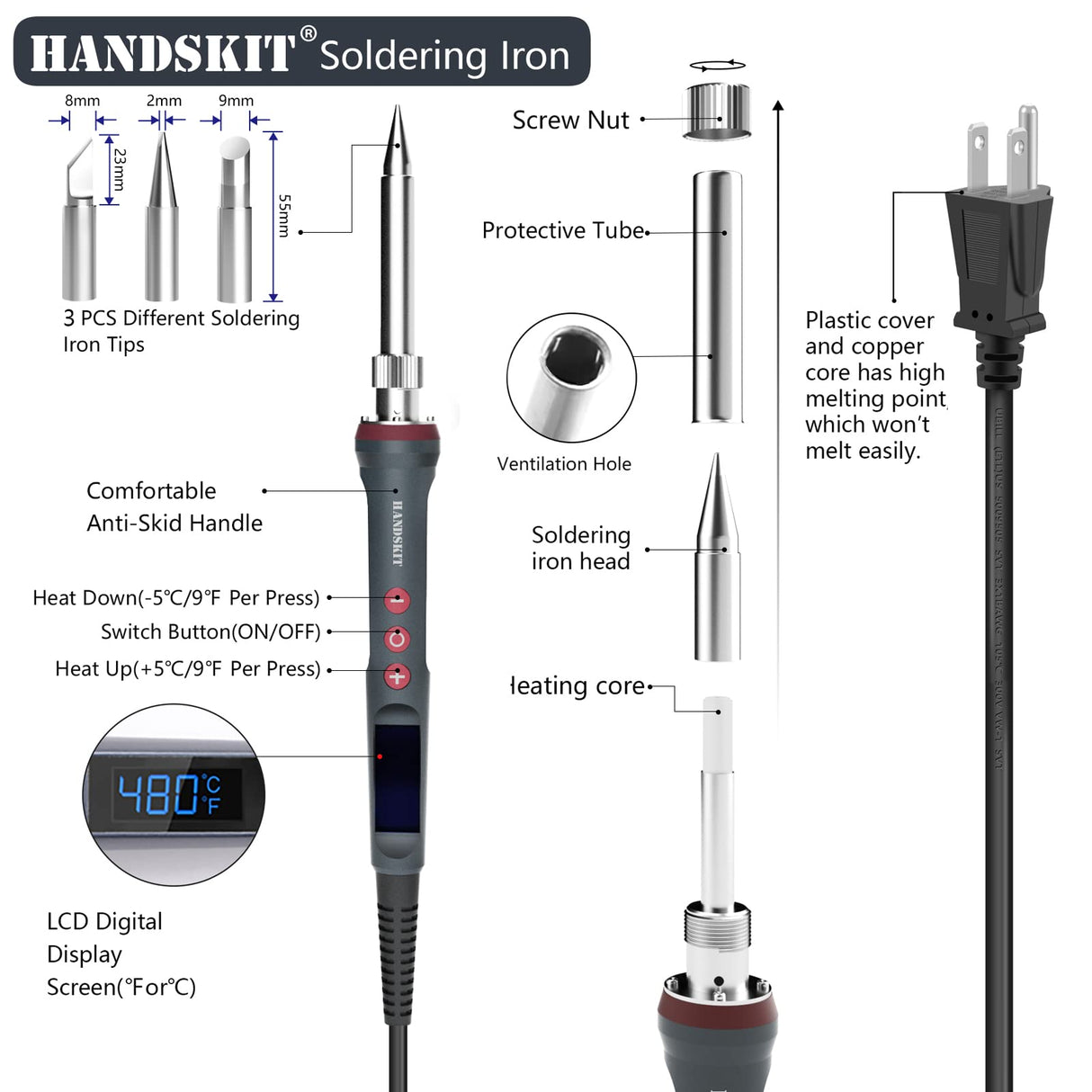Solder Iron, 200W 110V Soldering Iron Digital Soldering Kit for Soldering, 6-in-1 Solder Iron Kit Welding Tool, Adjustable Temperature from 180 to 480℃, 3 solder tips, Solder wire, Solder Iron Stand HANDSKIT