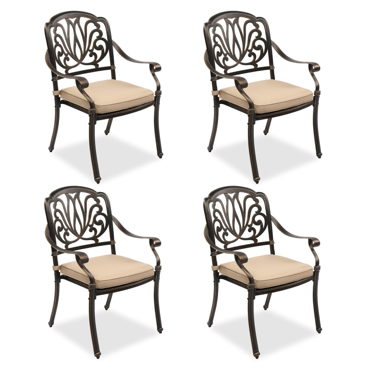 VINGLI Outdoor Dining Chairs Set of 4 with Cushion Aluminum Patio Chairs, Cast Aluminum Patio Furniture Aluminum Outdoor Chairs for Backyard, Poolside, Balcony Bronze (4, Elizabeth Back with Cushion) VINGLI