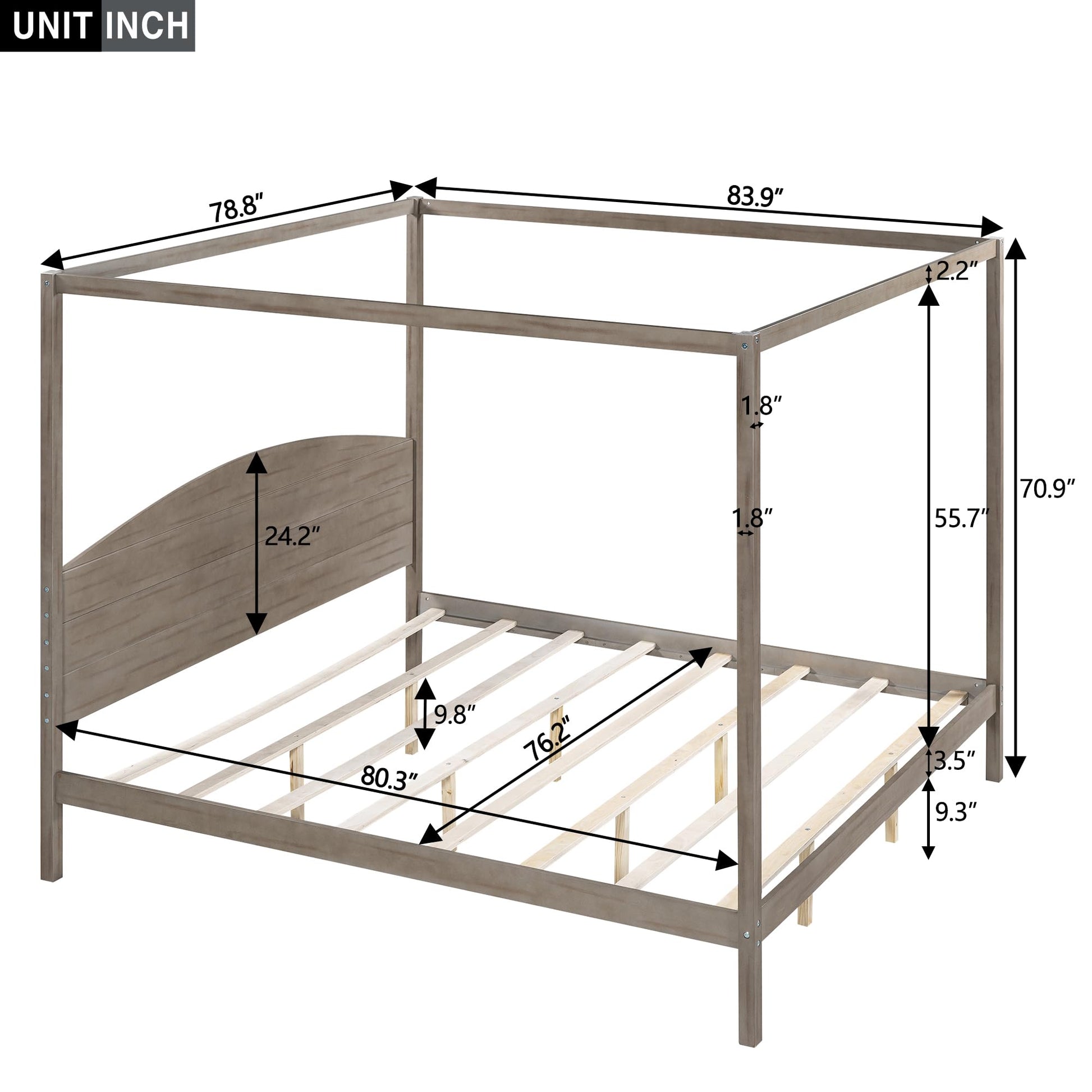 Harper & Bright Designs Brown Wash King Canopy Bed Frame with Headboard & Support Legs - WoodArtSupply