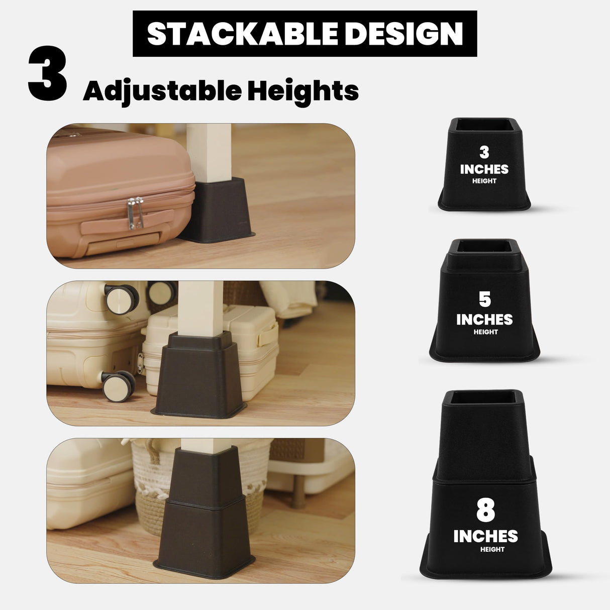Utopia Bedding Adjustable Bed Furniture Risers - Elevation in Heights 3, 5 or 8 Inch Heavy Duty Risers for Beds - Supports up to 1,300 lbs - (Set of 4 Riser, Black) Utopia Bedding