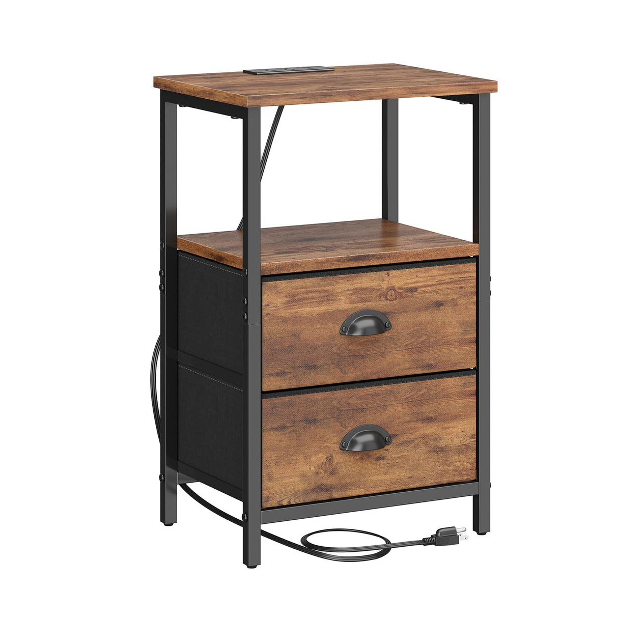 Sthmec Rustic Brown Industrial Nightstand Set of 2, Bedside Table with 2 Fabric Drawers, 3-Tier Storage, LED Light, Charging Station, 11.38''D * 15.38''W* 24.75''H sthmec